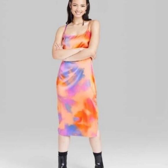 NWT Wild Fable tie-dye satin slip midi dress - Picture 1 of 10